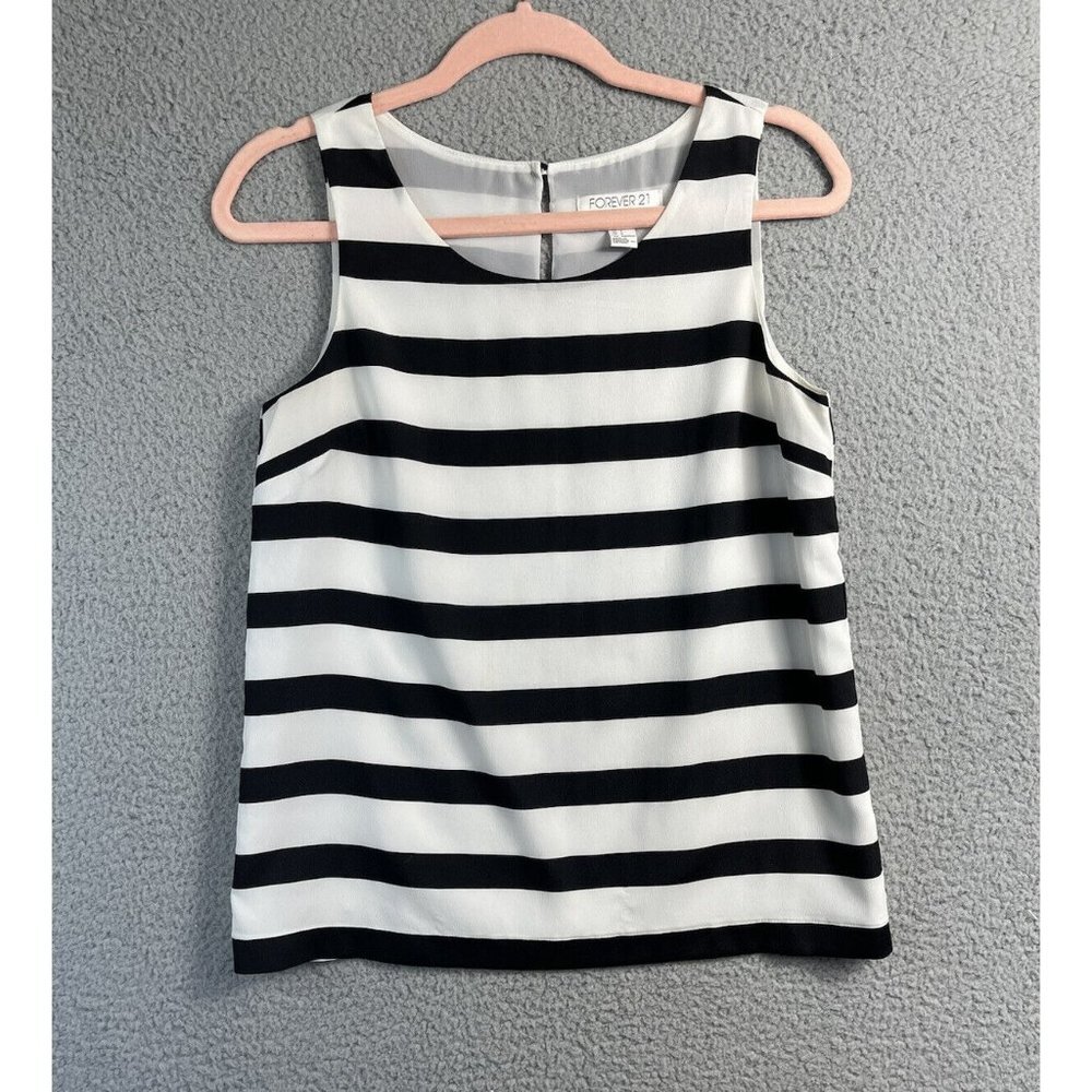 Forever 21 Essentials Womens Size Small Black White Stripped Sleeveless Blouse
